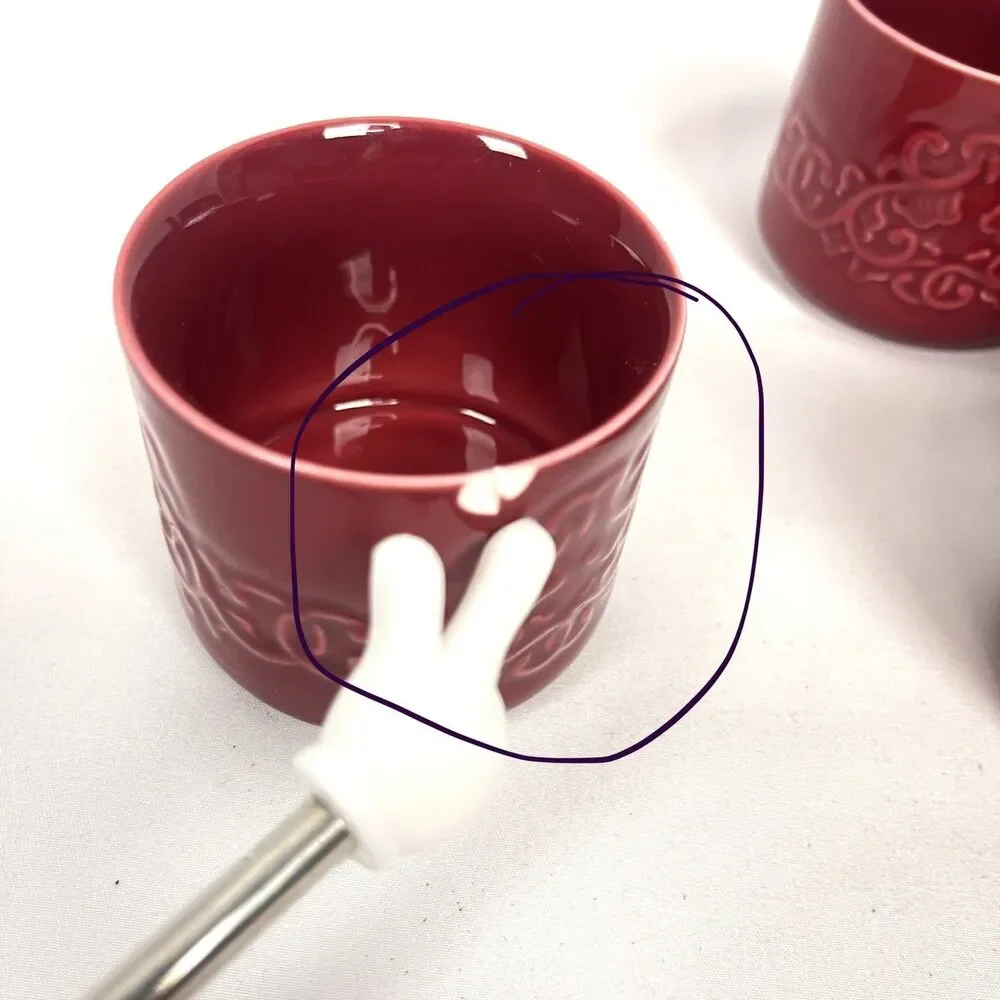 Teavana Rohan Pattern Red Ceramic 5 Pc Teapot Lid & 4 Cups Embossed Small Chip